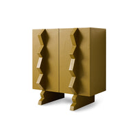 olive green wooden cabinet with sculptural handles