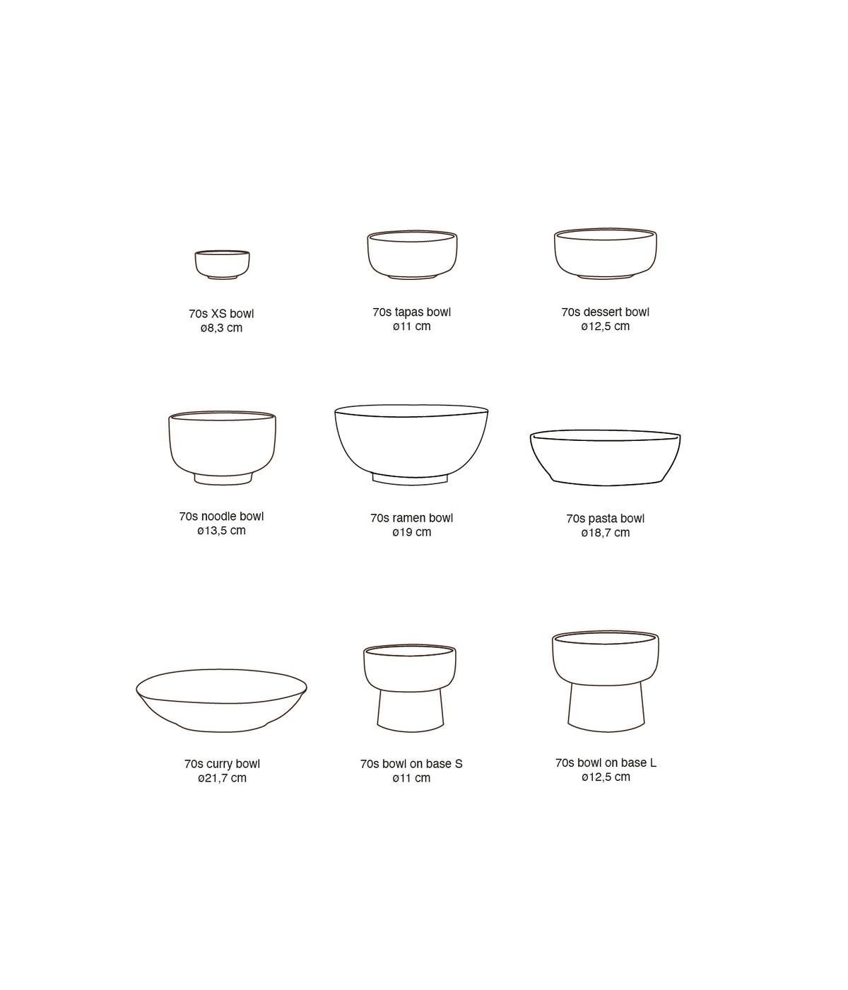 Illustrations of various 70s-style bowls with dimensions on a white background