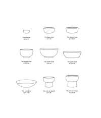 Illustrations of various 70s-style bowls with dimensions on a white background