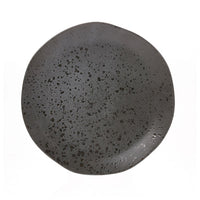 Dark gray ceramic plate with speckled texture on a white background