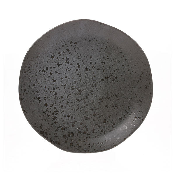 Dark gray ceramic plate with speckled texture on a white background