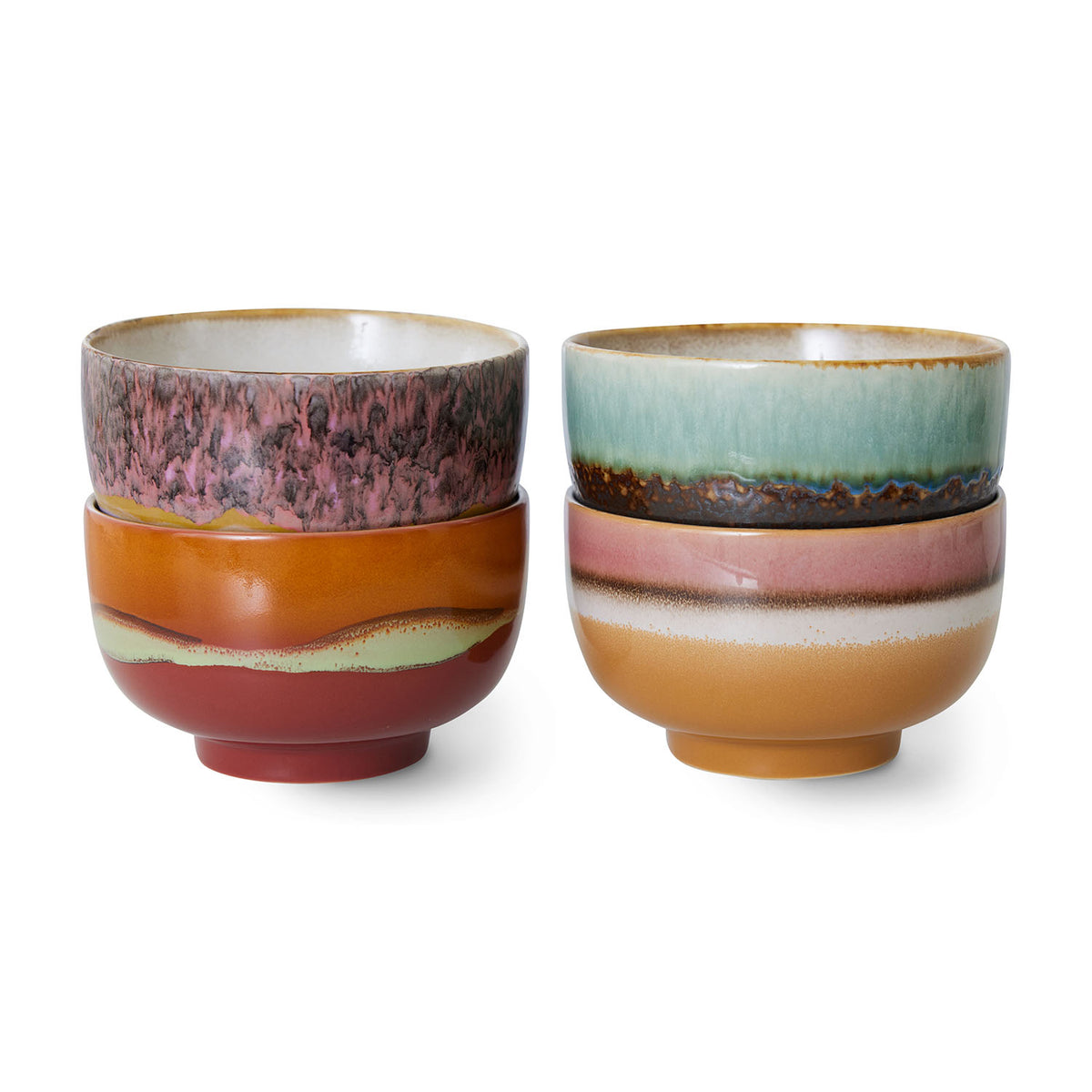 Set of two ceramic bowls with multicolored glaze on a white background