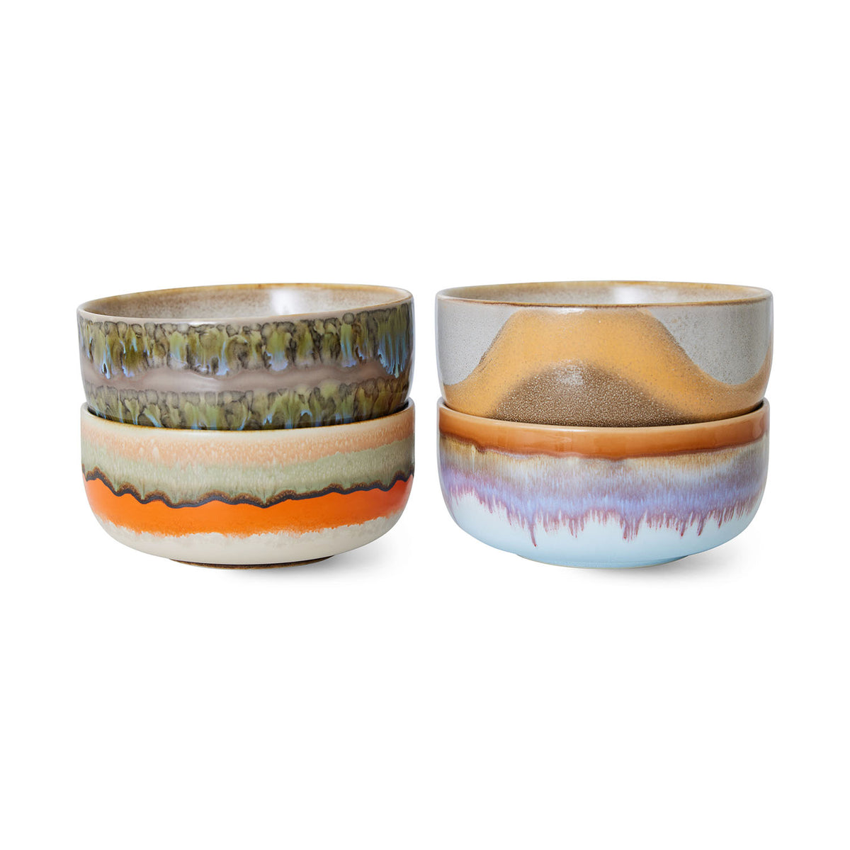 Two sets of ceramic bowls with multicolored glaze on a white background