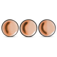 Three round ceramic plates with a black rim on a white background
