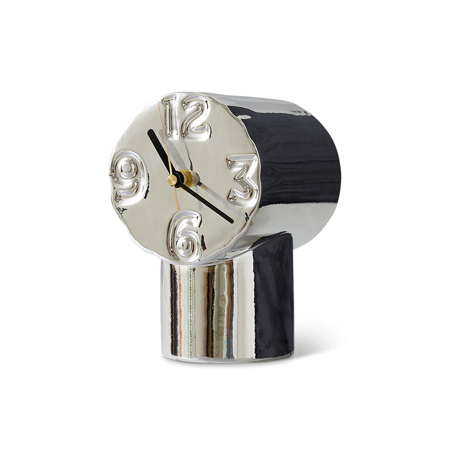 Modern clock with black and silver design on a white background