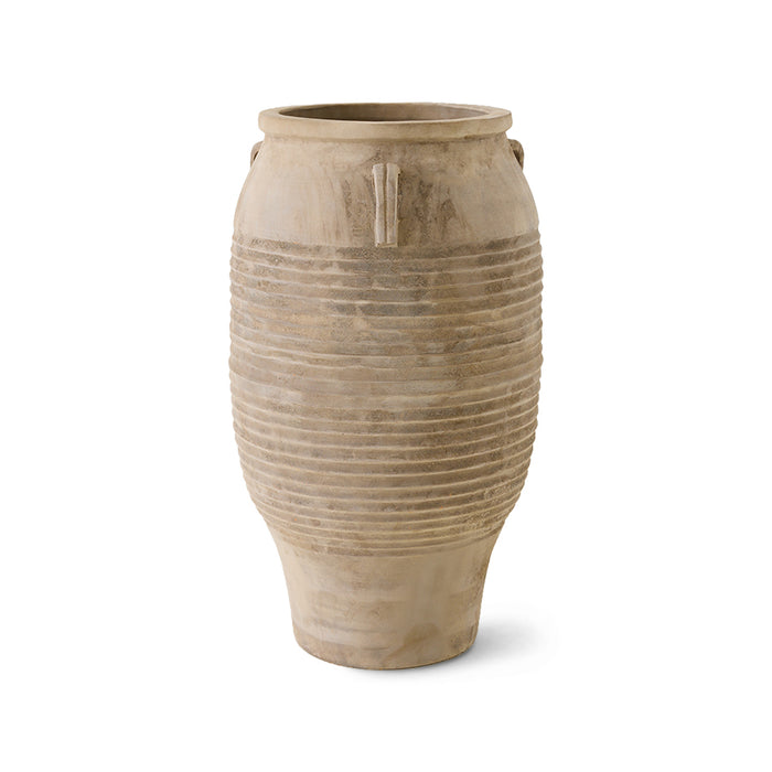 Beige ceramic vase with ribbed texture on a white background