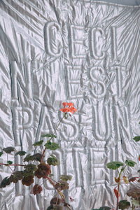 Textured wall  art with embossed letters and a plant in the foreground