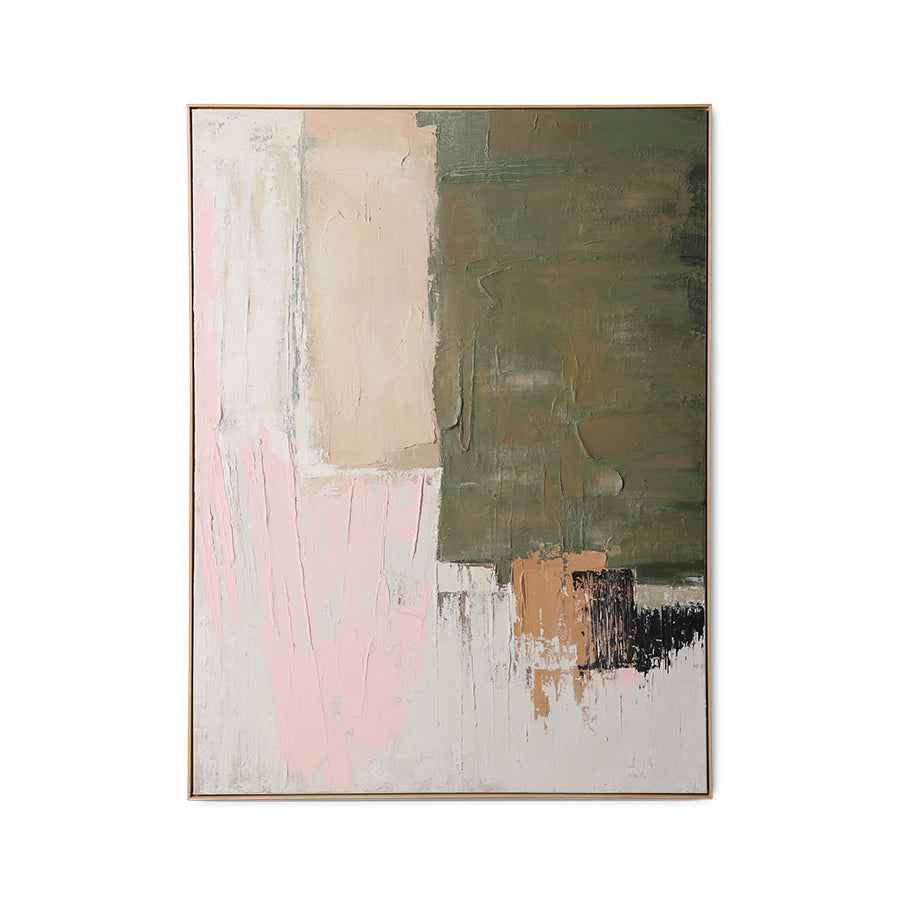 Abstract art painting with pink, green, and beige colors on a white background