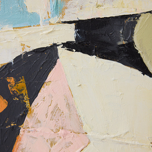Abstract art piece with geometric shapes in black, pink, and blue on a textured surface.