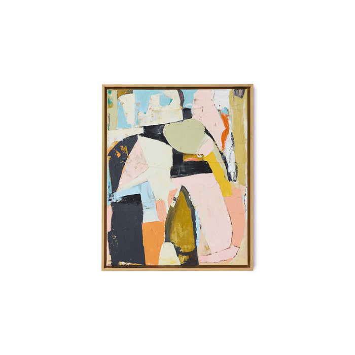 Abstract art piece with geometric shapes in a gold frame on a white background