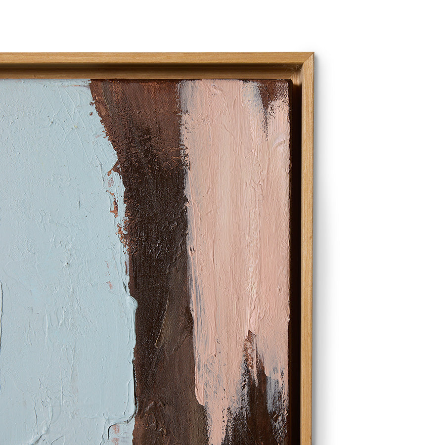 Abstract painting with brown and pink strokes in a wooden frame.