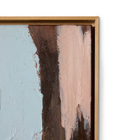 Abstract painting with brown and pink strokes in a wooden frame.