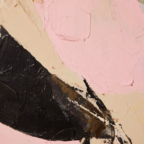 Abstract art with pink, black, and beige colors on a textured surface