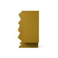 olive green wooden cabinet with sculptural handles