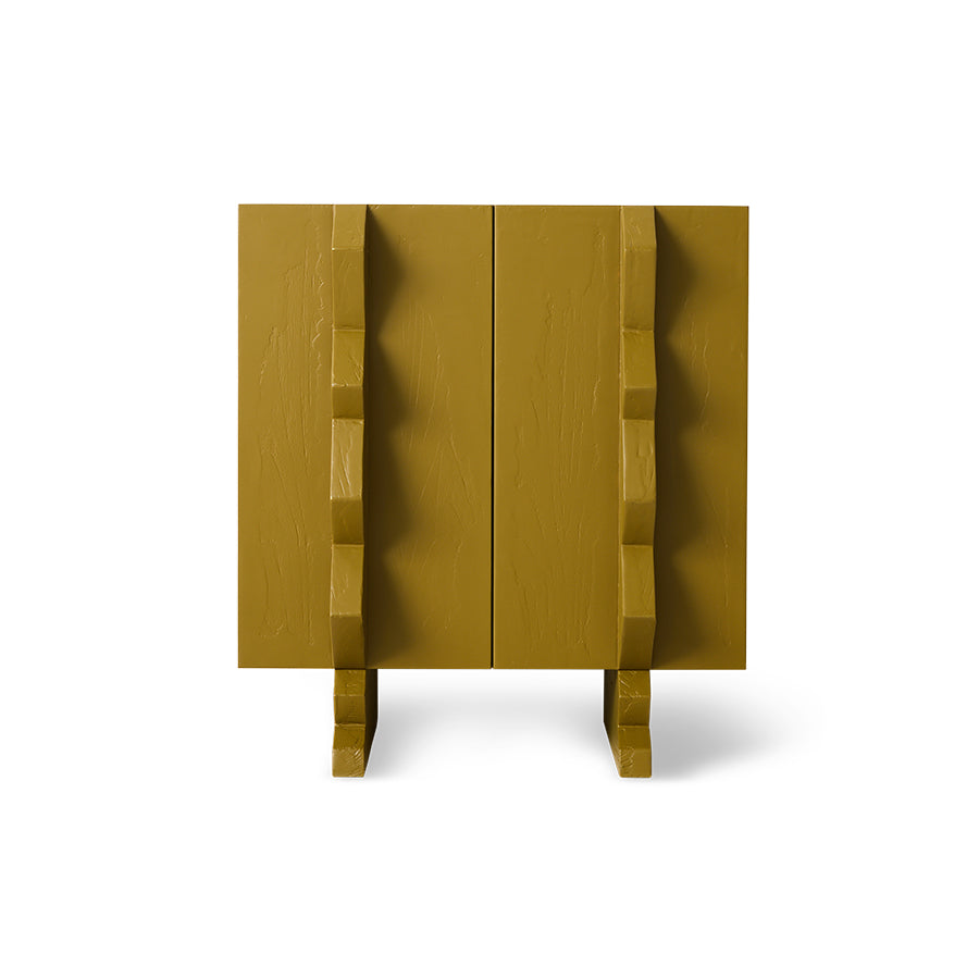 olive green wooden cabinet with sculptural handles
