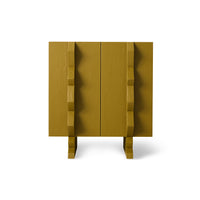 olive green wooden cabinet with sculptural handles