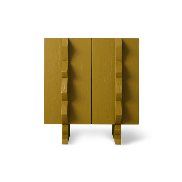 olive green wooden cabinet with sculptural handles