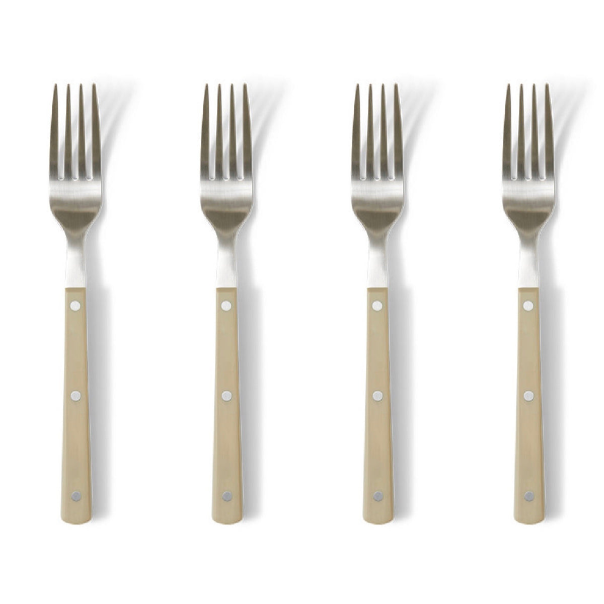 Four forks with beige handles on a white background
