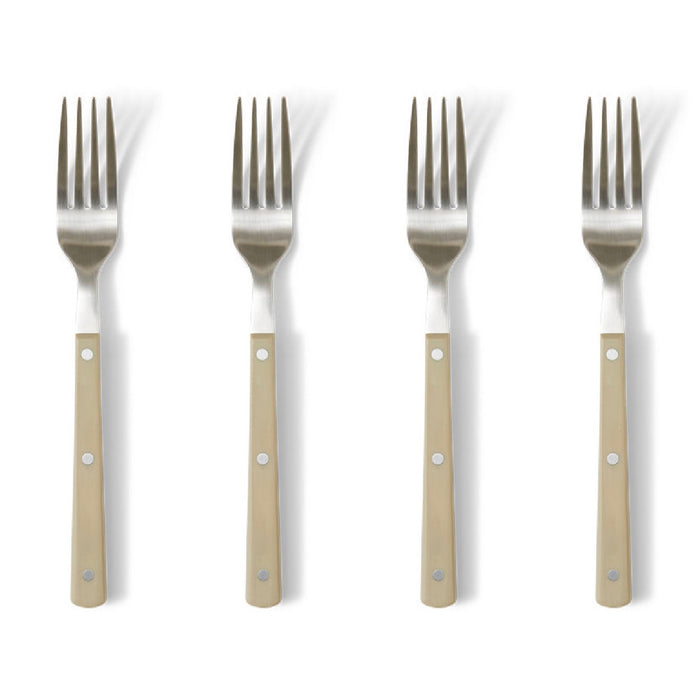 Four forks with beige handles on a white background