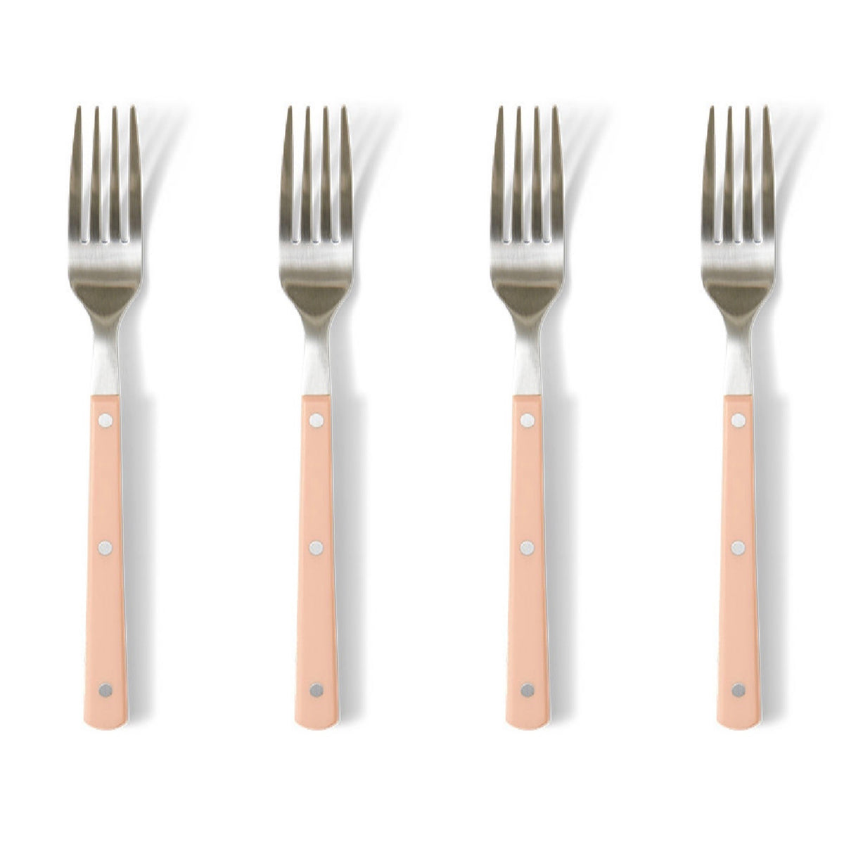 Four forks with pink handles on a white background