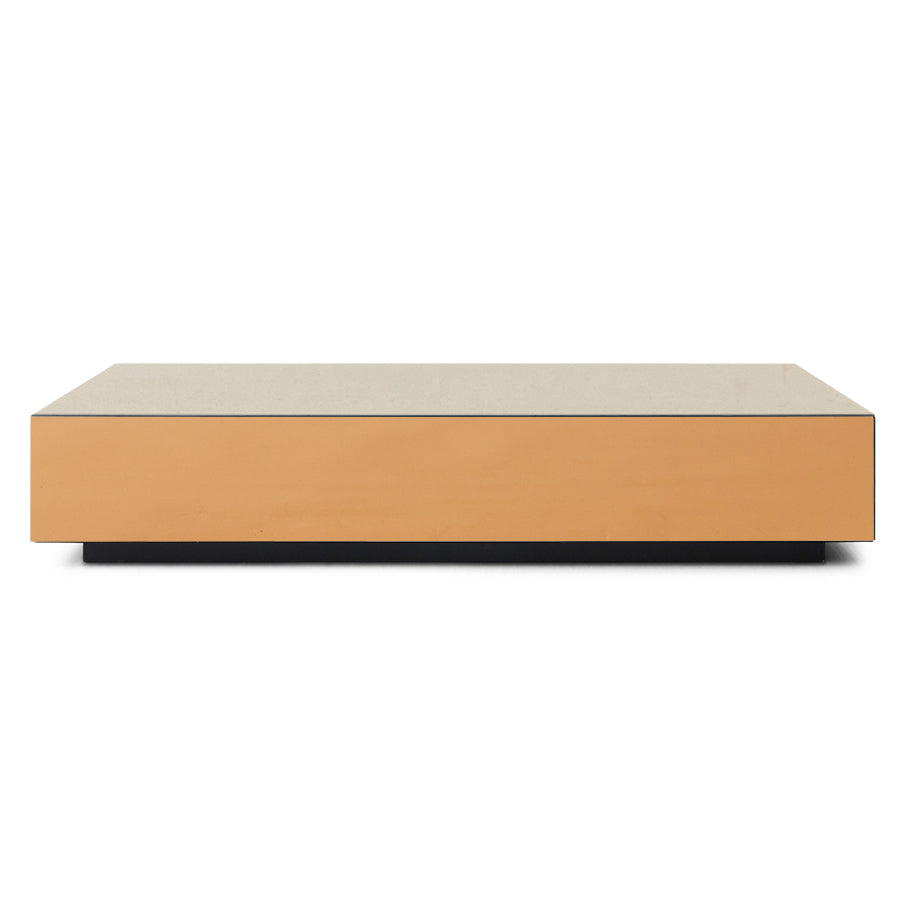 Rectangular coffee table with a brown mirror glossy finish and gray top on a white background
