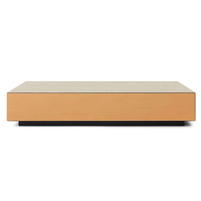 Rectangular coffee table with a brown mirror glossy finish and gray top on a white background
