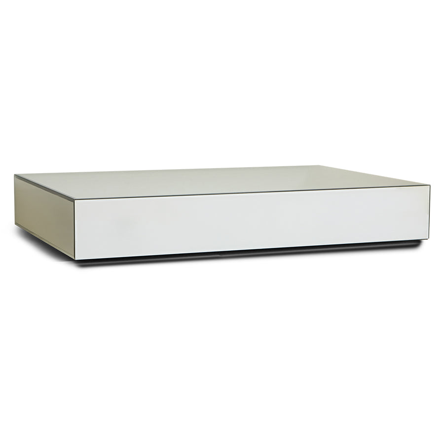 Rectangular coffee table with a mirror top and black base on a white background