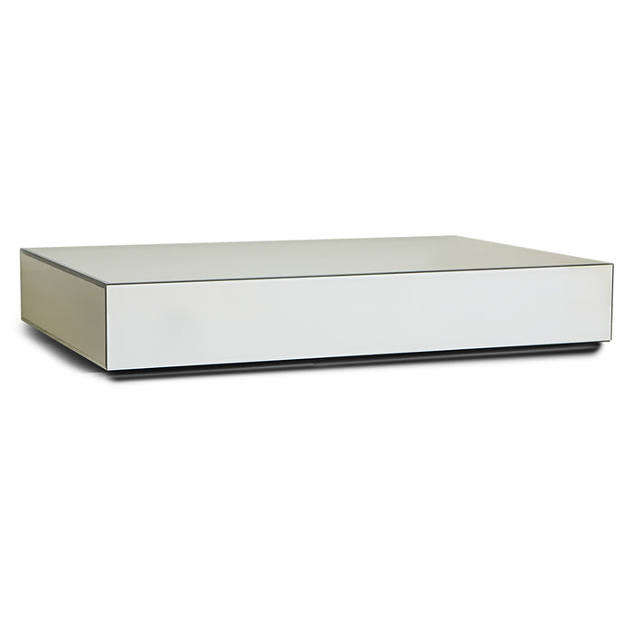 Rectangular coffee table with a mirror top and black base on a white background