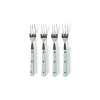 Set of four silver forks with green handles on a white background