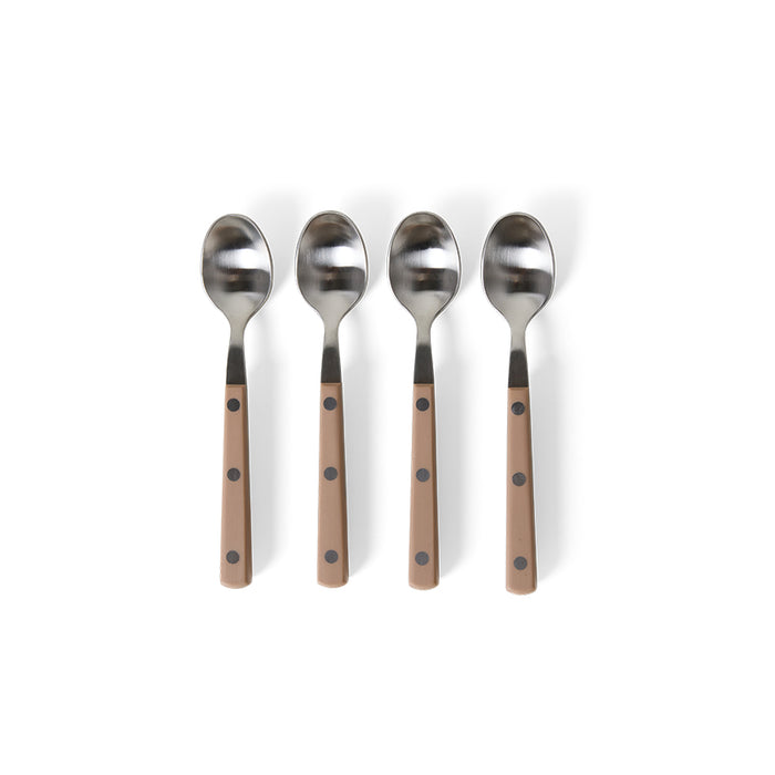 4 stainless steel teaspoons with taupe handle on white background