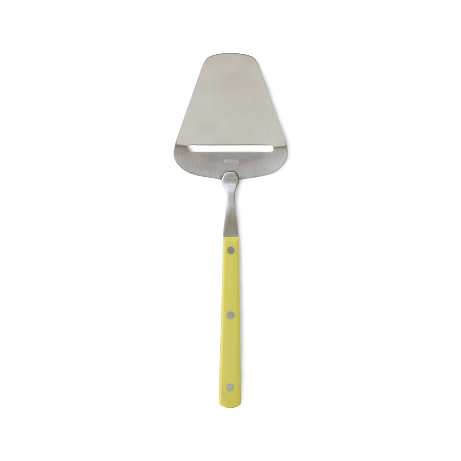 Metal cheese slider with a yellow handle on a white background
