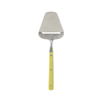 Metal cheese slider with a yellow handle on a white background