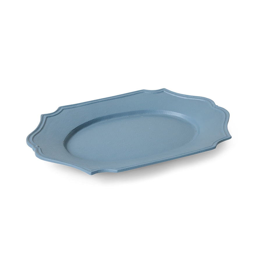 Blue oval platter on a white background