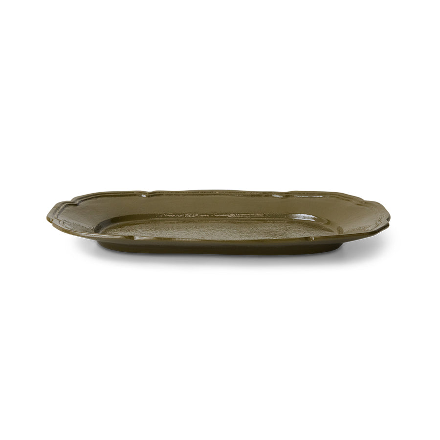 Olive green aluminum platter on a white background