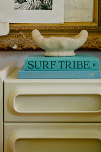 Two books titled 'Surf Tribe' and 'Mambo' on a beige surface with a decorative object above.