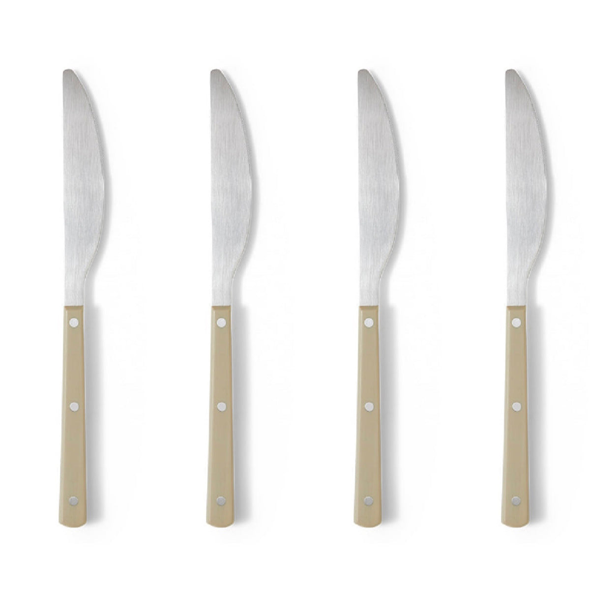 Four knives with beige handles on a white background