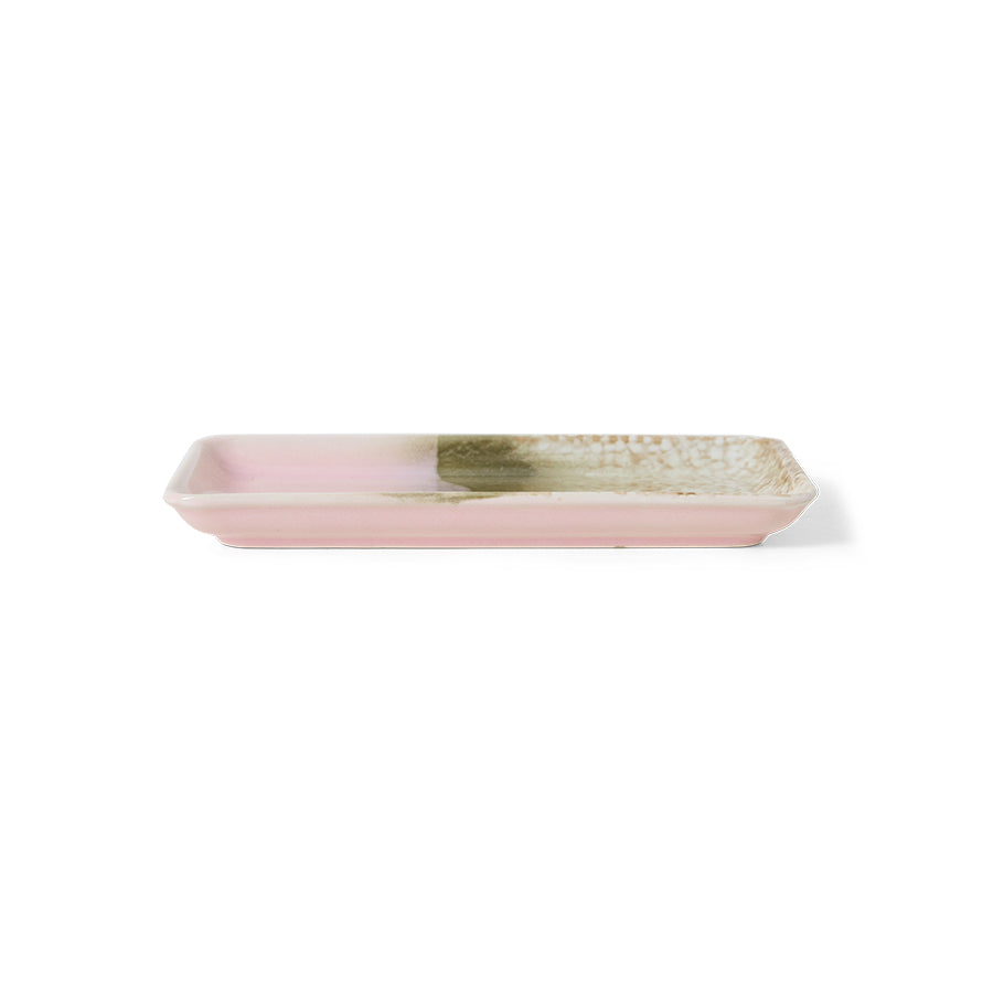 Rectangular tray with pink and gold marbled design on a white background