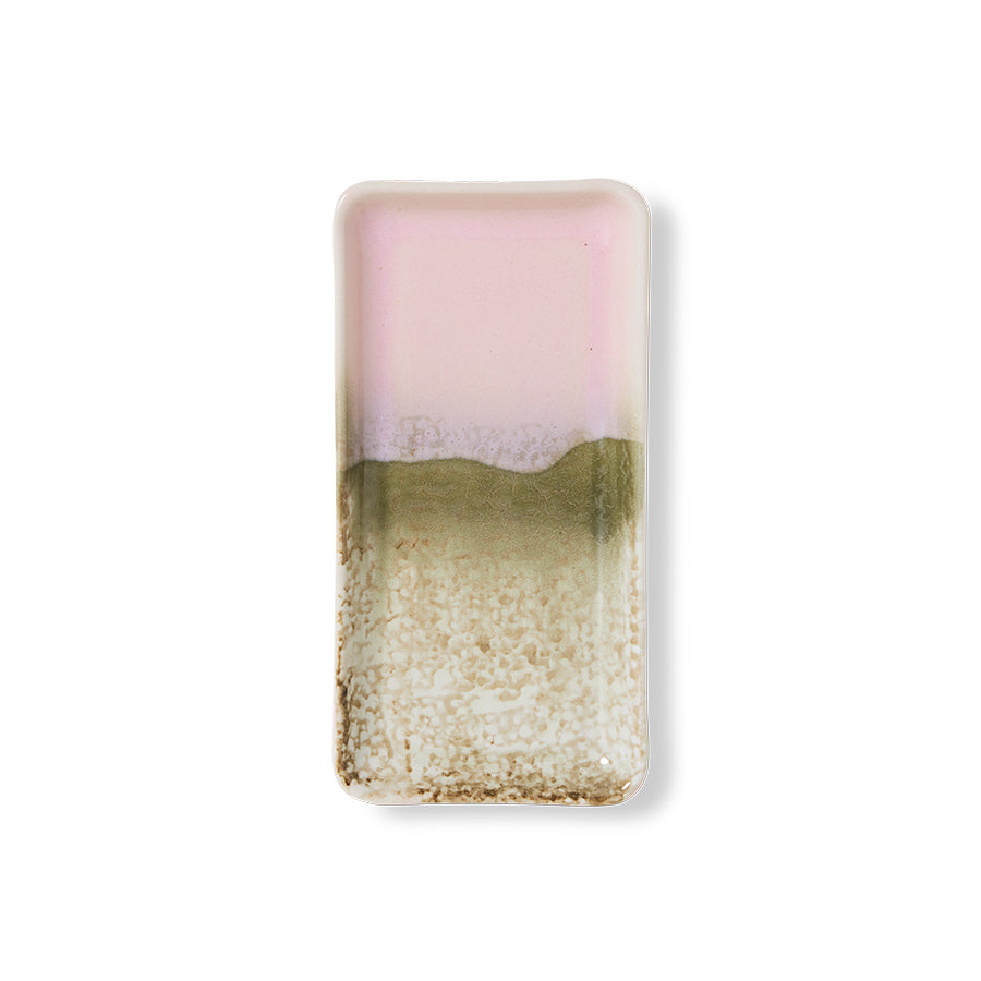 Rectangular ceramic plate with gradient pink to beige color on a white background