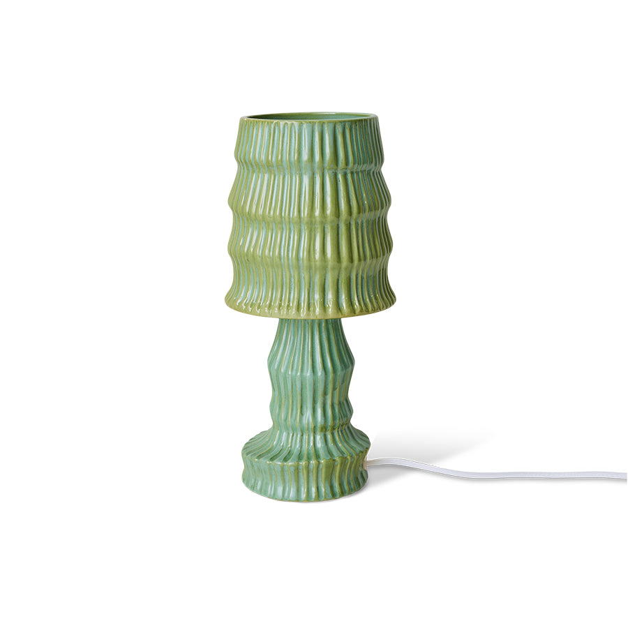 Green ribbed table lamp on a white background