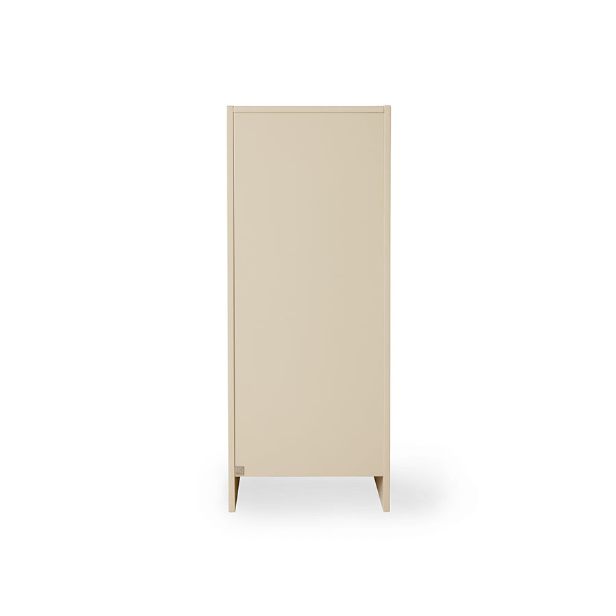 A minimalist, tall rectangular cabinet or storage unit in a light beige wood finish, shown from the back on a clean white background.