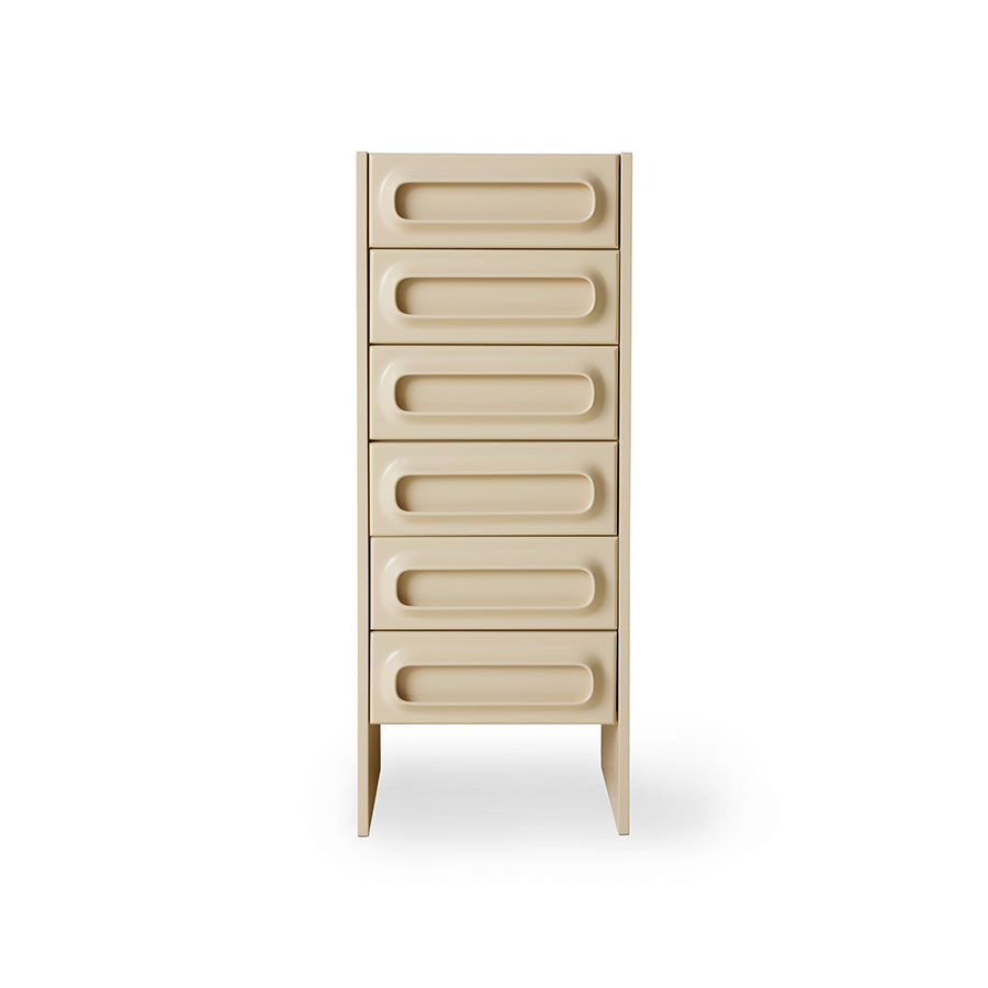 Beige tall dresser with multiple drawers on a white background