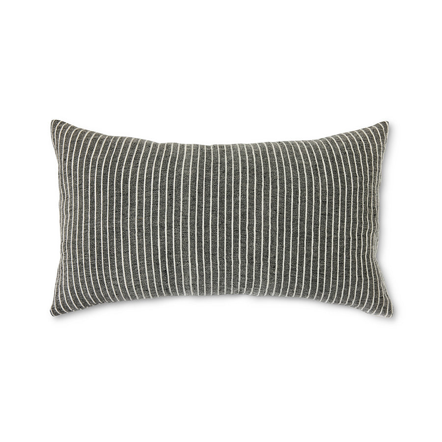 Rectangular pillow with black and white striped pattern on a white background
