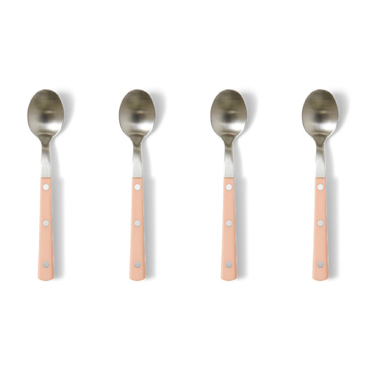 Four spoons with pink handles on a white background