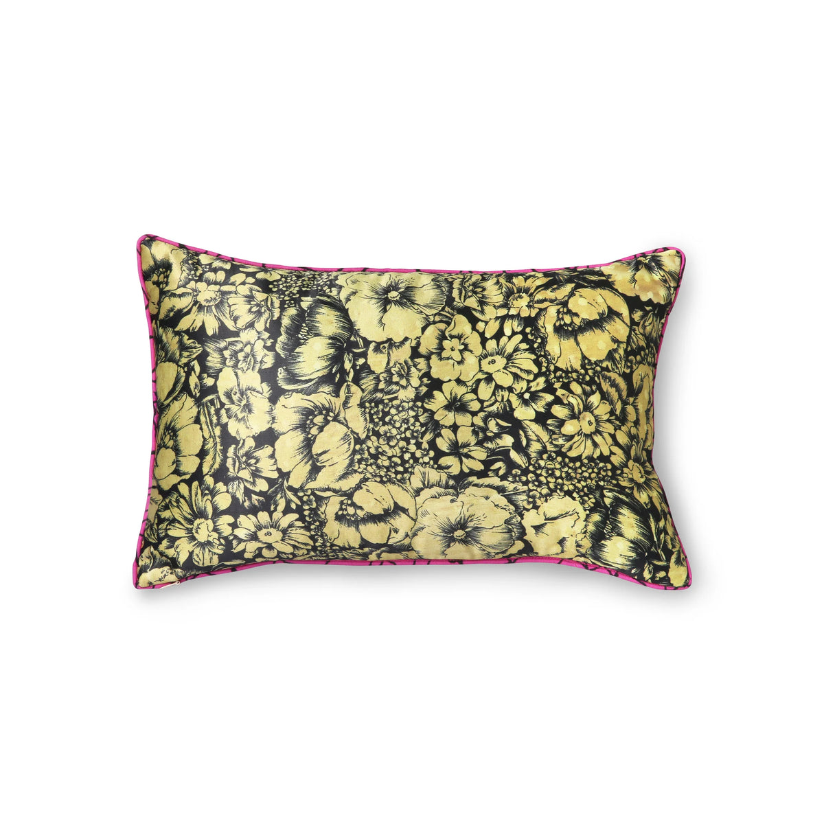 Floral patterned pillow with yellow flowers on a black background, featuring pink trim.