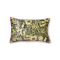 Floral patterned pillow with yellow flowers on a black background, featuring pink trim.