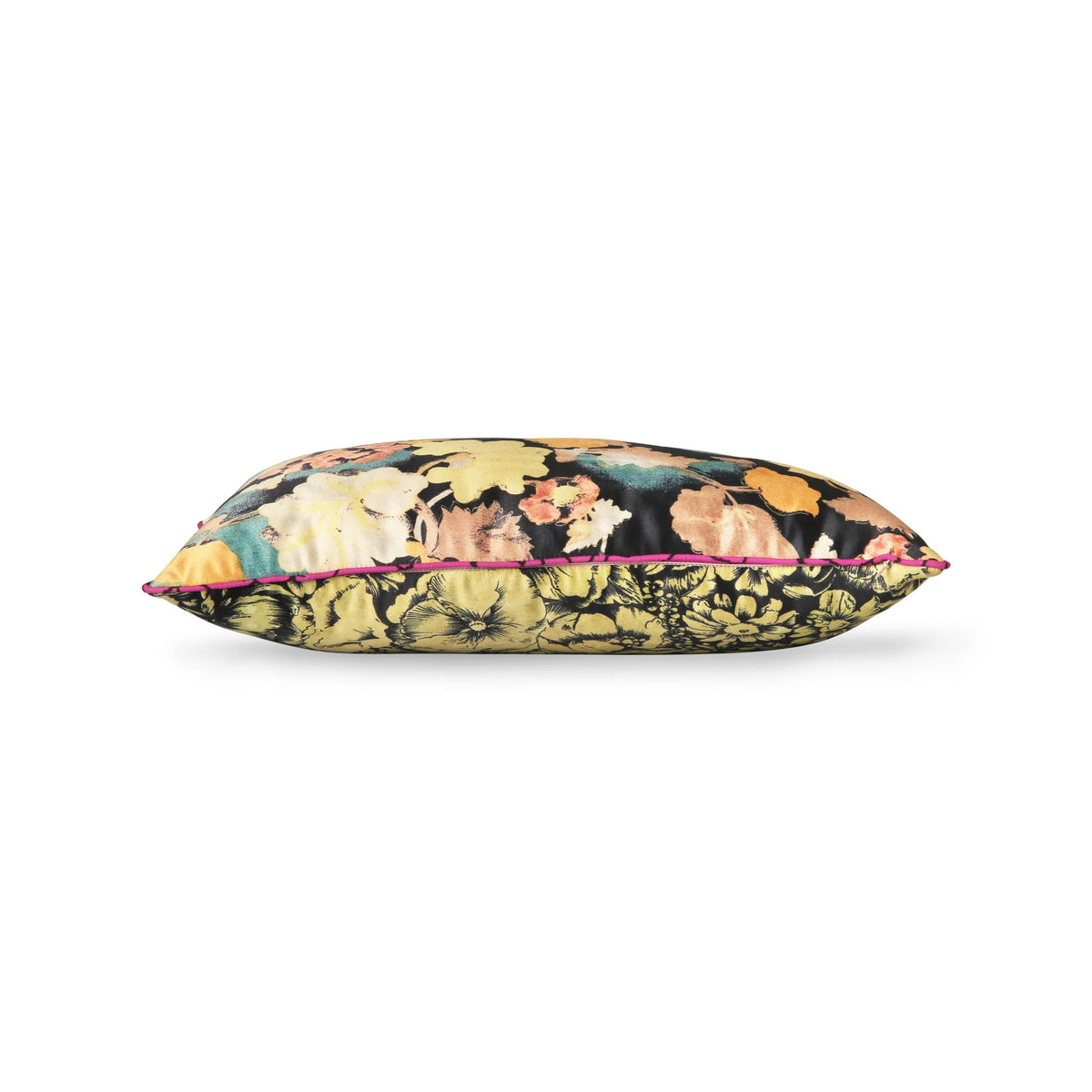 Floral-patterned pillow with a pink border on a white background