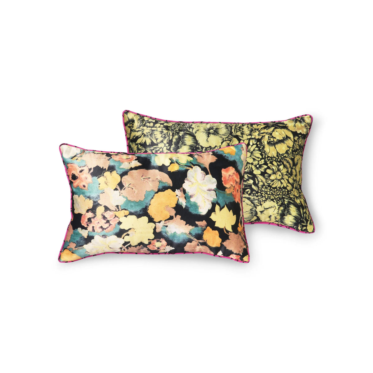 double sided decorative pillows with floral patterns on a white background