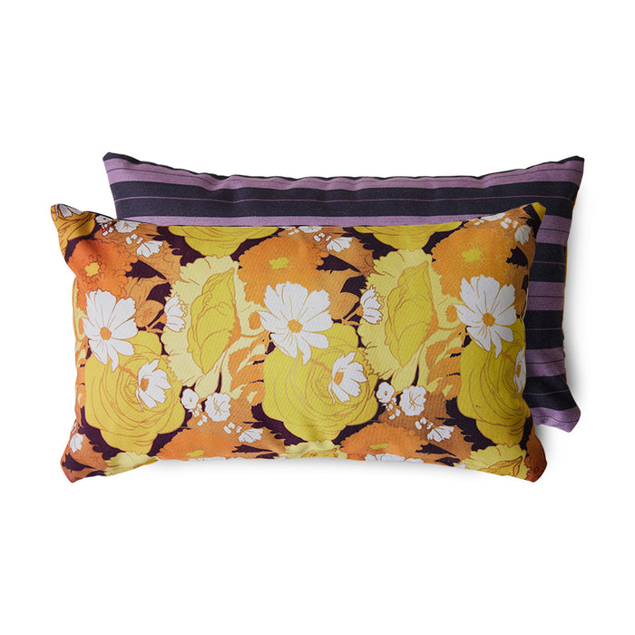 double sided decorative pillows, one side with floral pattern and the other with striped design, on a white background.