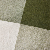 Close-up of fabric with green, gray, and white checkered pattern