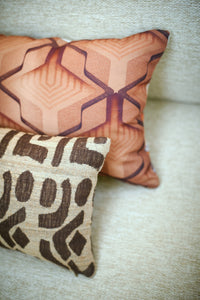 Two patterned pillows on a light-colored couch